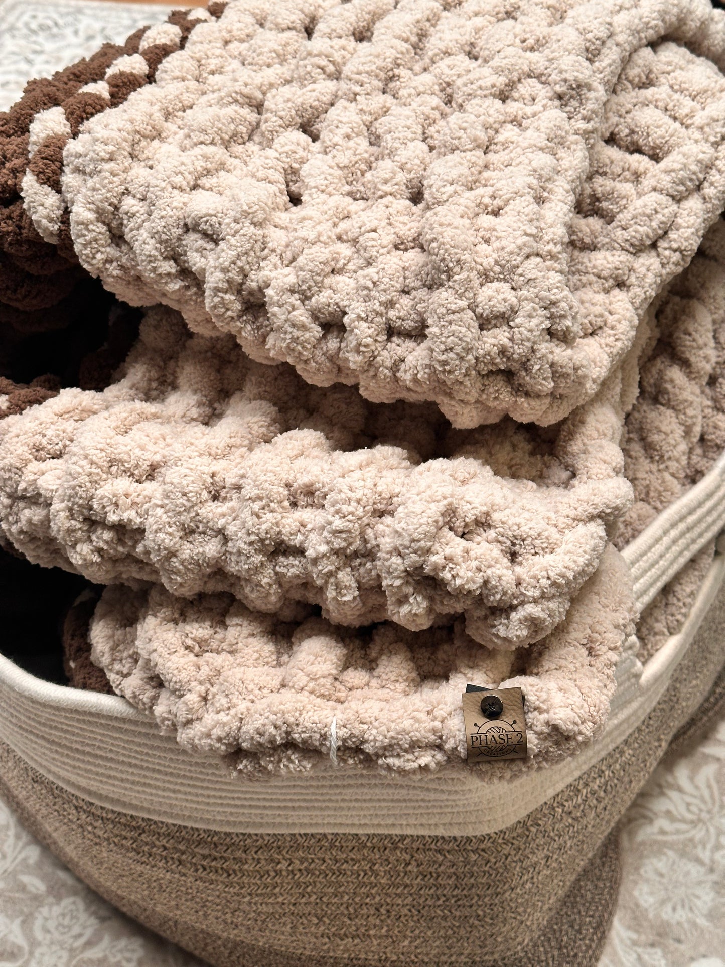 Chunky Knit Blanket - Medium 54” x 60” - Brown/Oatmeal/Ivory