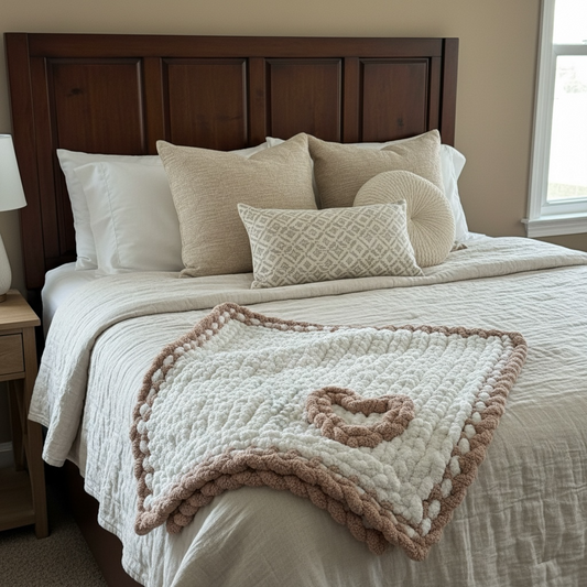Small ivory blanket with tan heart
